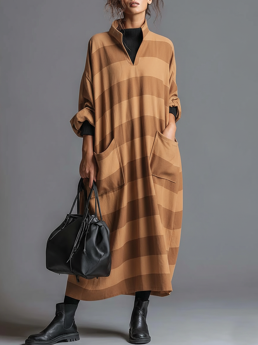 Cozy Plaid Print Loose-fitting Stand-collar Dress