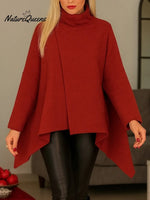 Women's Solid Color High-neck Long-sleeved Casual Loose-fitting Cape Top With Irregular Hem.