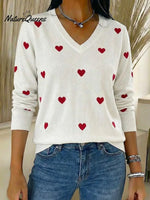 Women's Valentine's Day Heart Jacquard V-neck Long-sleeved Knit Sweater
