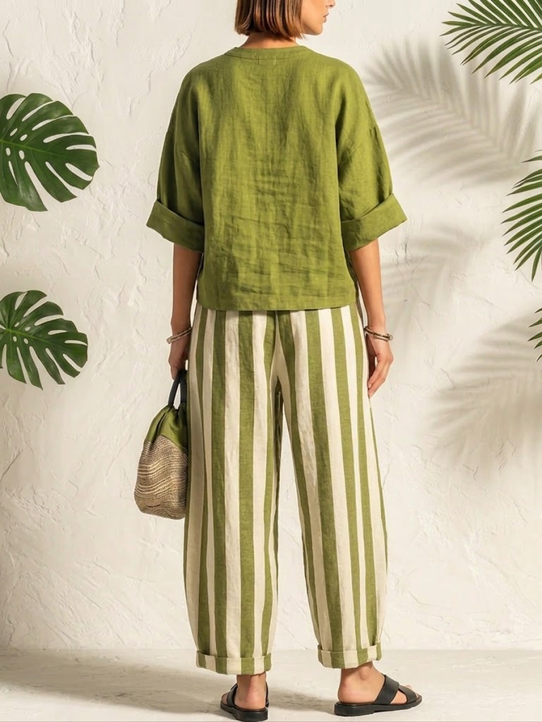 Casual, Loose-fitting Linen-cotton Top And Striped Trousers Two-piece Set