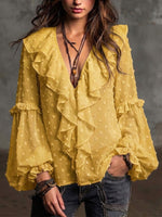 Chic And Elegant Chiffon Blouse Featuring A Jacquard And Fil Coupé Polka-dot Pattern With Ruffle Details.
