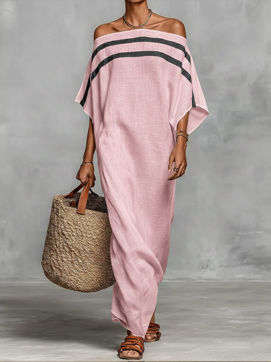 Off-the-shoulder, Straight-neck Linen And Cotton Dress