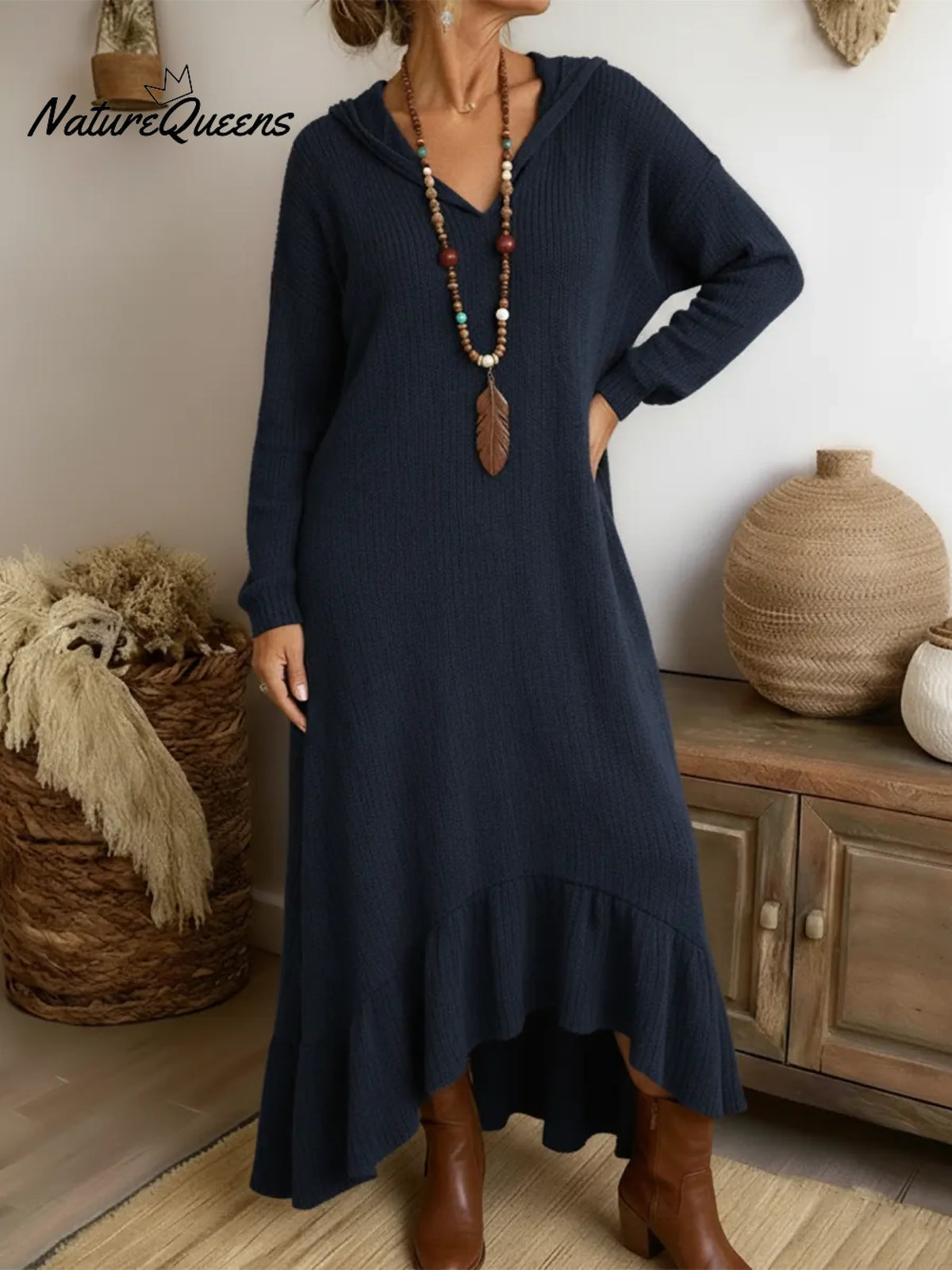 Boho Casual Loose-fitting Hooded Ruffled Hem Midi Knit Dress