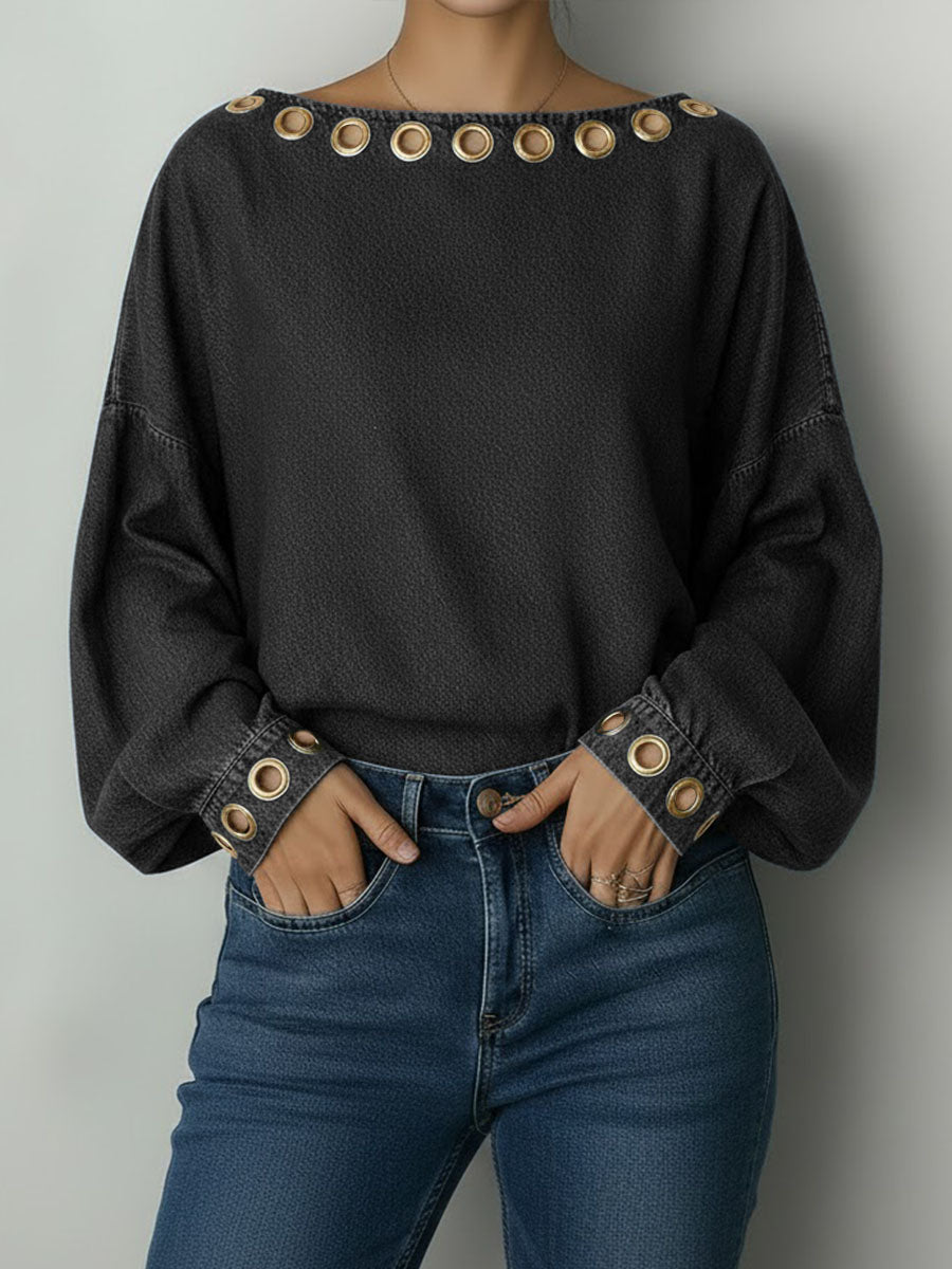 Women's Round Neck Metal Eyelet Cutout Design Casual Loose Long-sleeved Denim Top.