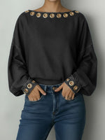 Women's Round Neck Metal Eyelet Cutout Design Casual Loose Long-sleeved Denim Top.