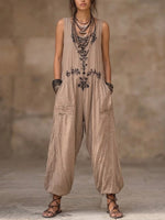 Women's Bohemian Pattern Printed Cotton-linen Sleeveless Jumpsuit