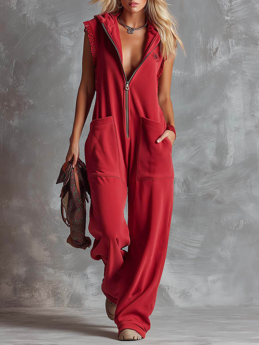 Women's Solid Color Sleeveless Casual Loose Hooded Cotton Wide-leg Jumpsuit
