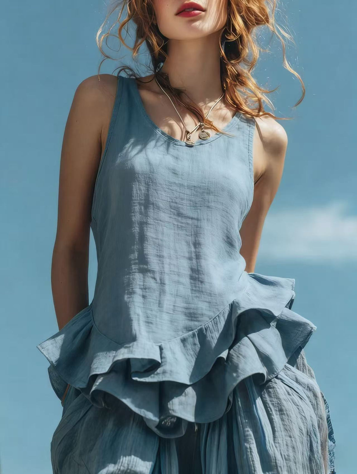 Women's Cotton And Linen Ruffle Sleeveless Vest