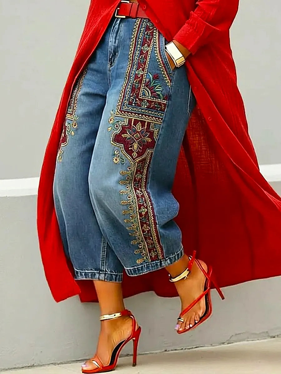 Women's Retro Ethnic Pattern Art Print Casual Jeans
