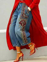 Women's Retro Ethnic Pattern Art Print Casual Jeans