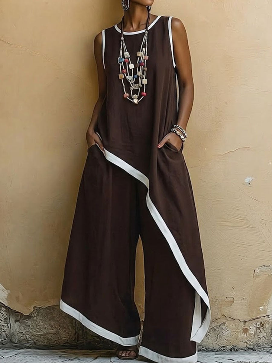 Conjunto minimalista de dos piezas para mujer con bloques de color, top y pantalón con bajo asimétrico.