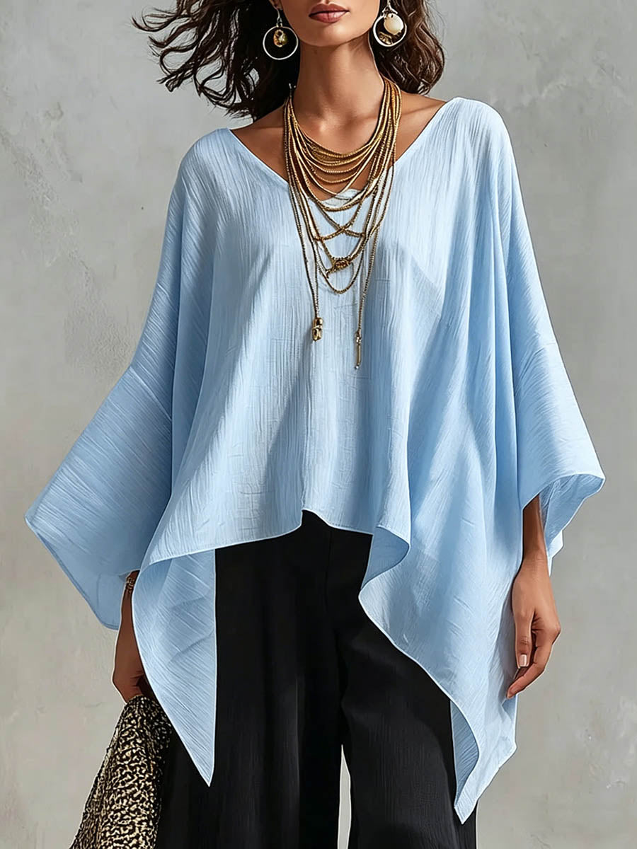 Women's Solid-color V-neck Long-sleeve Casual Loose Cotton-linen Top