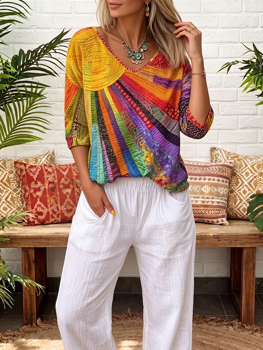 Boho Geometric Sun Print V-neck Cotton T-shirt