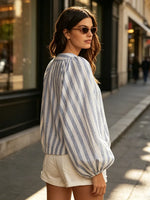 Loose-fitting V-neck Stripe Cotton Shirt