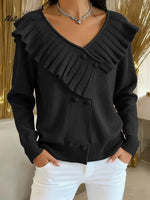 Women's Solid Color V-neck Long Sleeve Casual Loose Ruffled Knit Cardigan