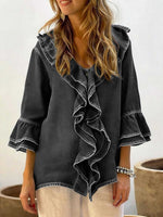 Women's Ruffled V-neck 3/4 Sleeve Casual Loose Denim Top