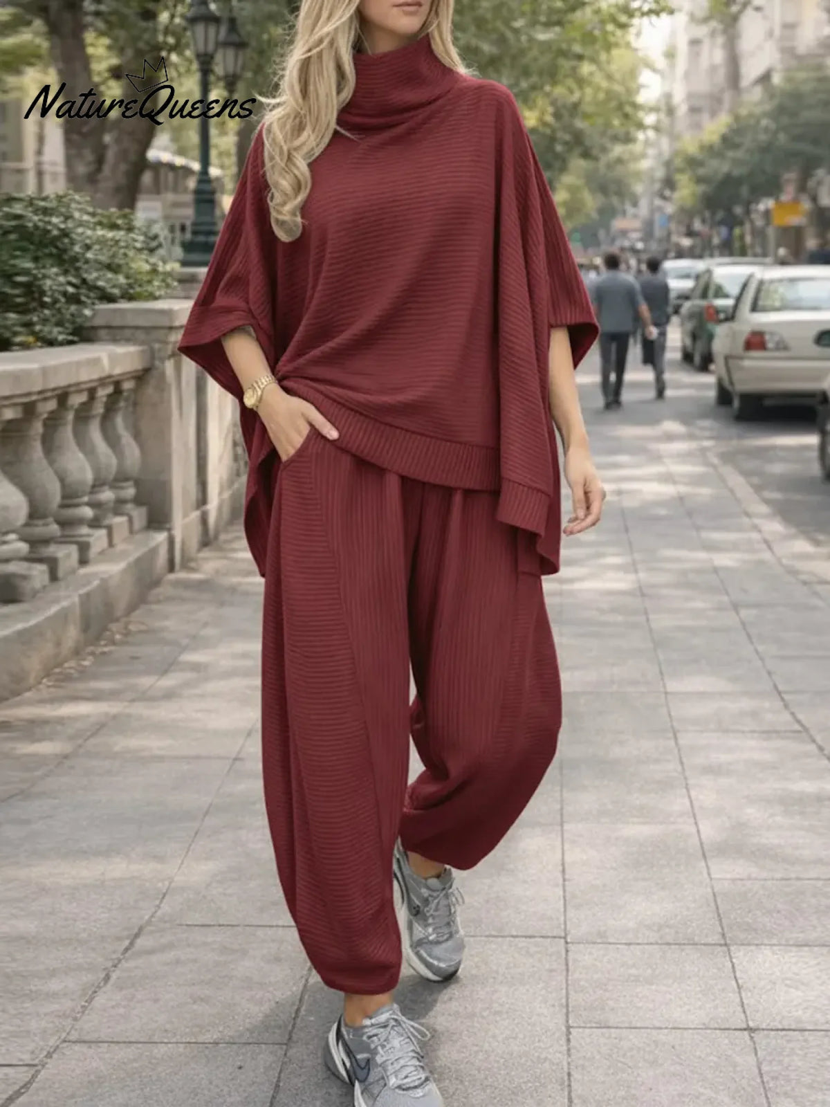 Women's Solid Color Stand-collar 3/4 Sleeve Casual Loose Knit Top And High-waisted Casual Loose Wide-leg Pants Set.
