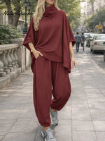 Women's Solid Color Stand-collar 3/4 Sleeve Casual Loose Knit Top And High-waisted Casual Loose Wide-leg Pants Set.