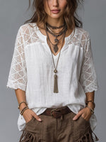 Casual Lace-paneled Linen And Cotton Top