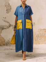 Two-tone Blue Color Block Shirt Collar Cuff Short Sleeve Yellow Patch Pocket Cotton Maxi Shirt Dress