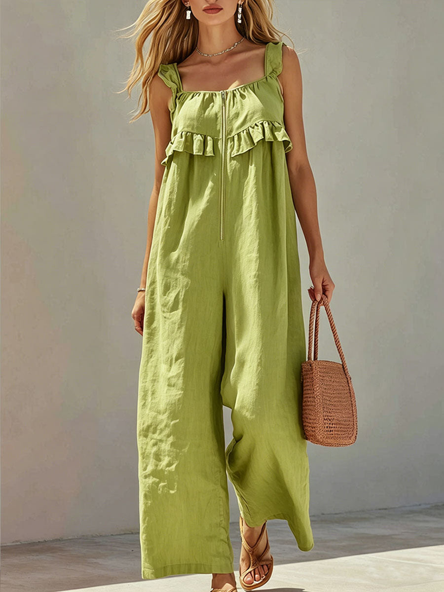 Women's Solid Color Square-neck Sleeveless Casual Loose Ruffled Wide-leg Jumpsuit