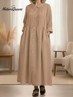 Women's Peter Pan Collar Long-sleeved Cotton And Linen Dress