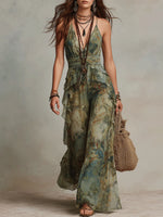 Green Watercolor Print Tiered Ruffle Chiffon Halter Neck Jumpsuit