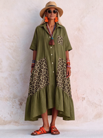 Casual Boho Leopard Print Cotton-linen Dress