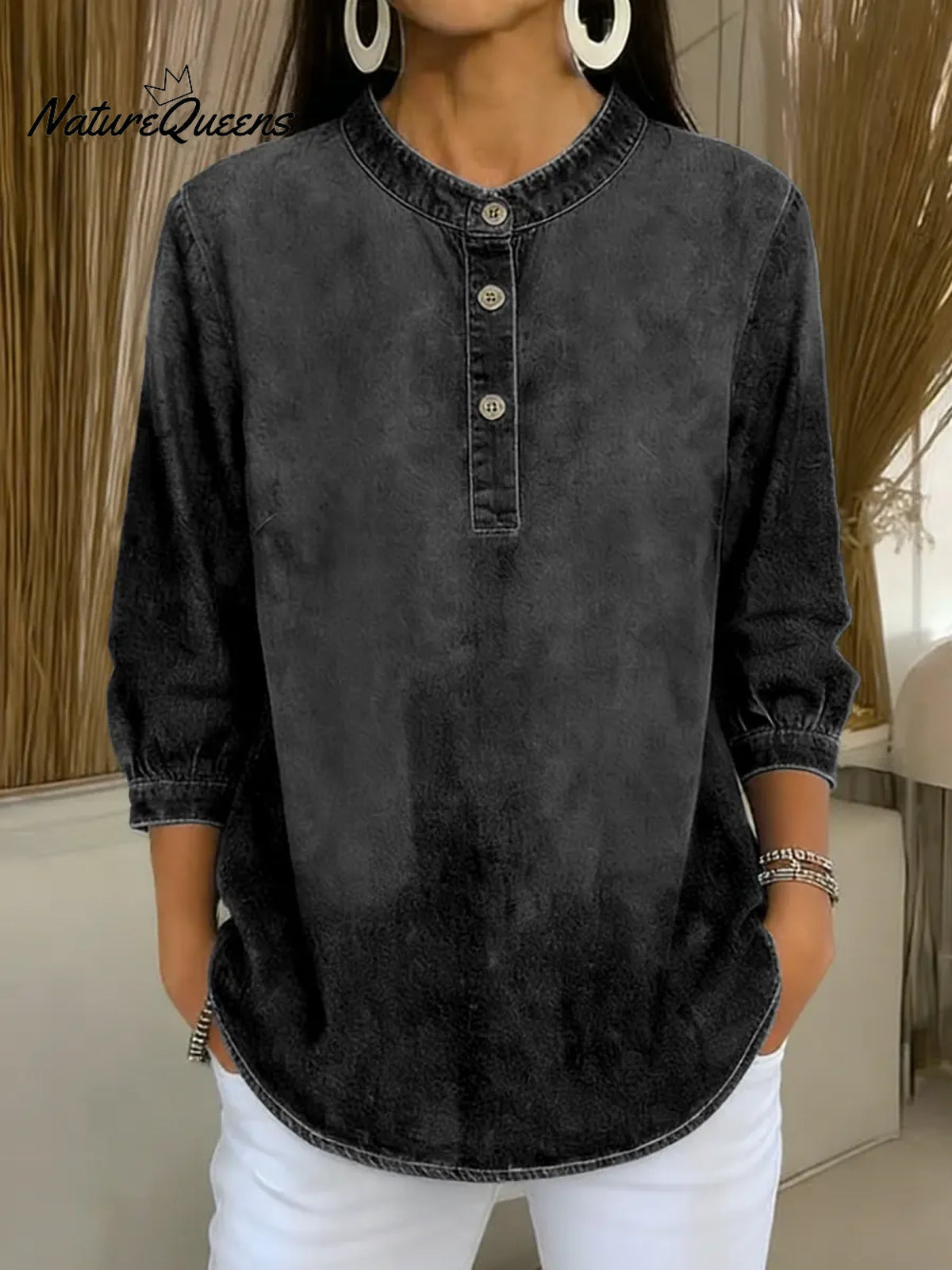 Women's Stand-collar 3/4 Sleeve Casual Loose Denim Pullover