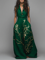 Elegant Emerald Green Cotton-linen Maxi Dress With Gold Print
