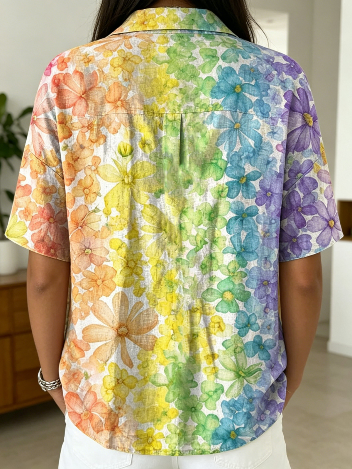 Artistic Rainbow Floral Print Short-sleeve Polo Shirt — Half-button Placket Design