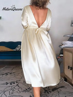 Women's Solid Color Round Neck Three-quarter Sleeve Loose Fit Satin Dress