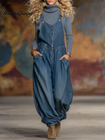 Women's Solid Color Sleeveless Casual Loose Cotton Overalls Wide-leg Pants