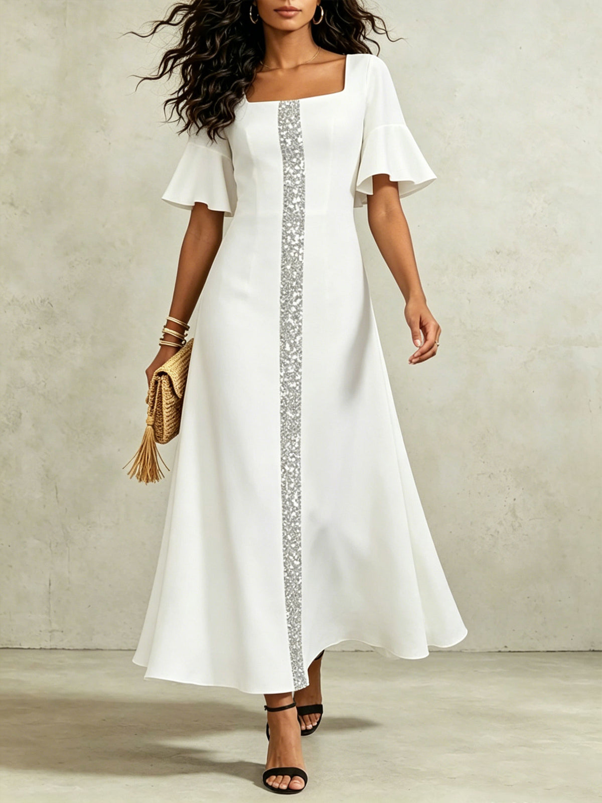 Women’s Elegant Ruffled Hem Short-sleeve Square Neckline Sequin Stripe Maxi Dress