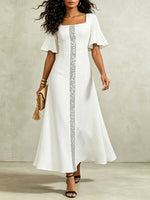 Women’s Elegant Ruffled Hem Short-sleeve Square Neckline Sequin Stripe Maxi Dress