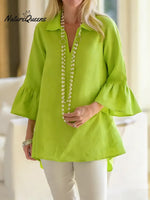 Women's Solid Color V-neck Three-quarter Sleeve Casual Loose Cotton And Linen Top