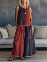Women's Casual Cotton-linen Two-piece Set: Geometric Print Crew Neck Sleeveless Loose-fit Top & High-waisted A-line Skirt