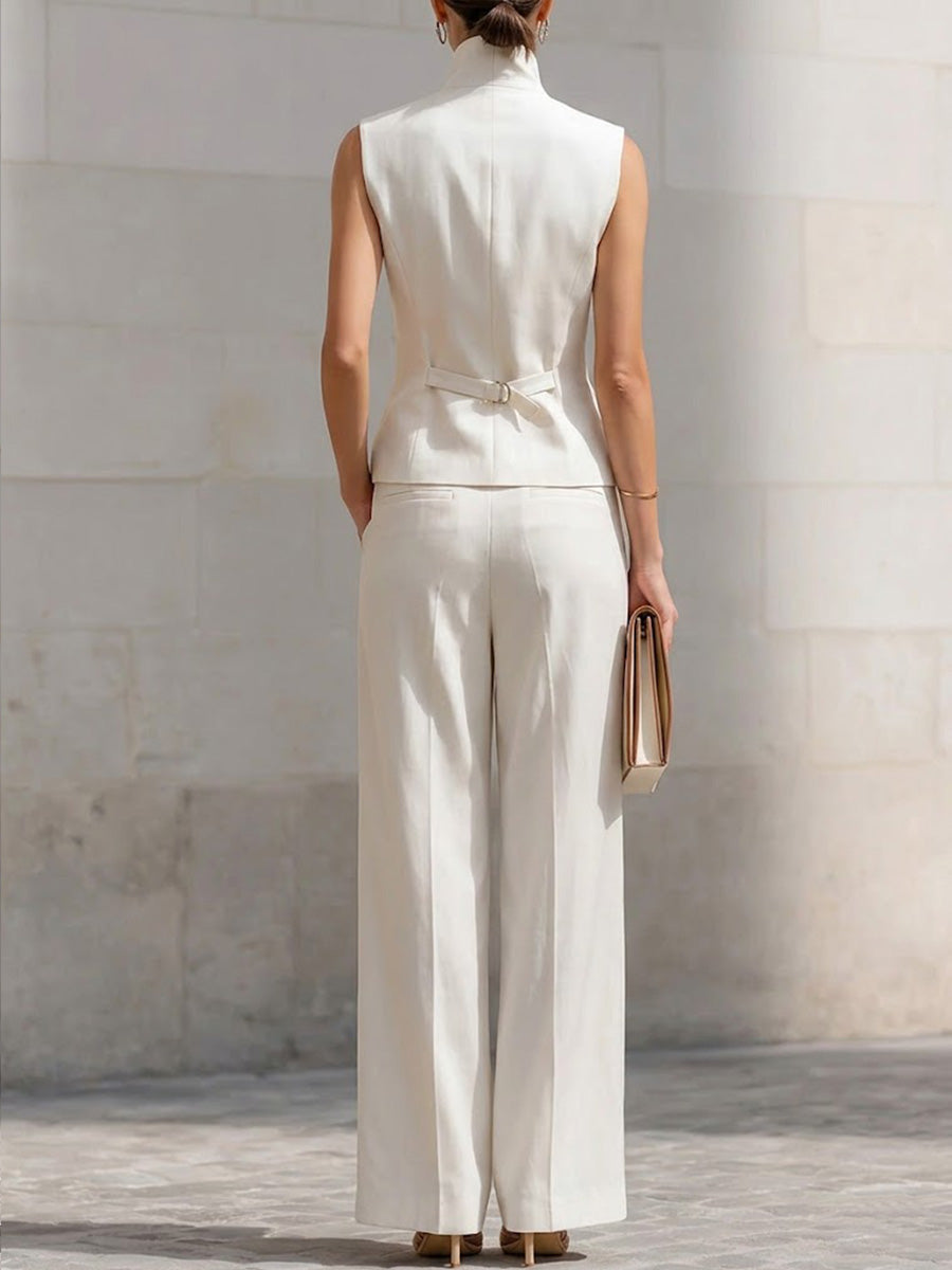 Women's Stand-up Collar Sleeveless Casual Loose Top And High-waisted Casual Loose Wide-leg Pants Cotton Set