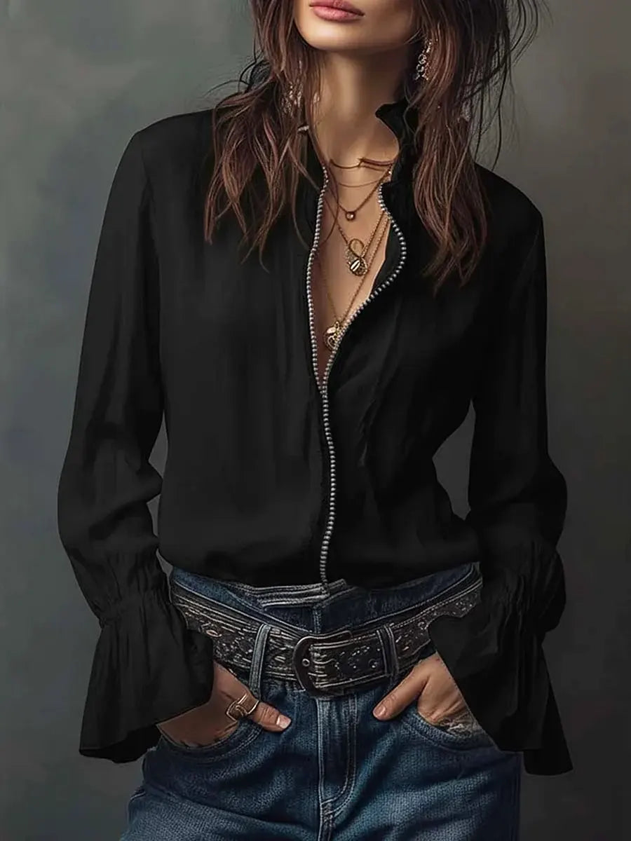 Women's Solid Color Ruffled Art Casual Long Sleeve Cotton Shirt