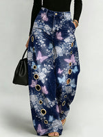 Women's Dreamlike And Mysterious Forest Butterfly Decorative Pattern Cotton Denim Pants