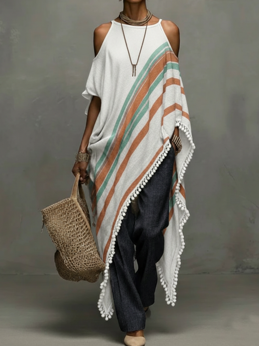 Colorful Printed Fringed Hem Top Blouse