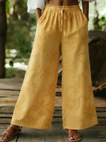 Cozy Romantic Floral Embroidery Cotton Wide-leg Pants