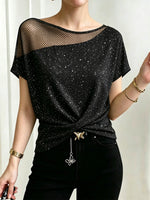Sparkly Casual Spliced mesh & Knit Stretch Cotton Top