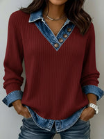Casual Patchwork Denim Knit Top
