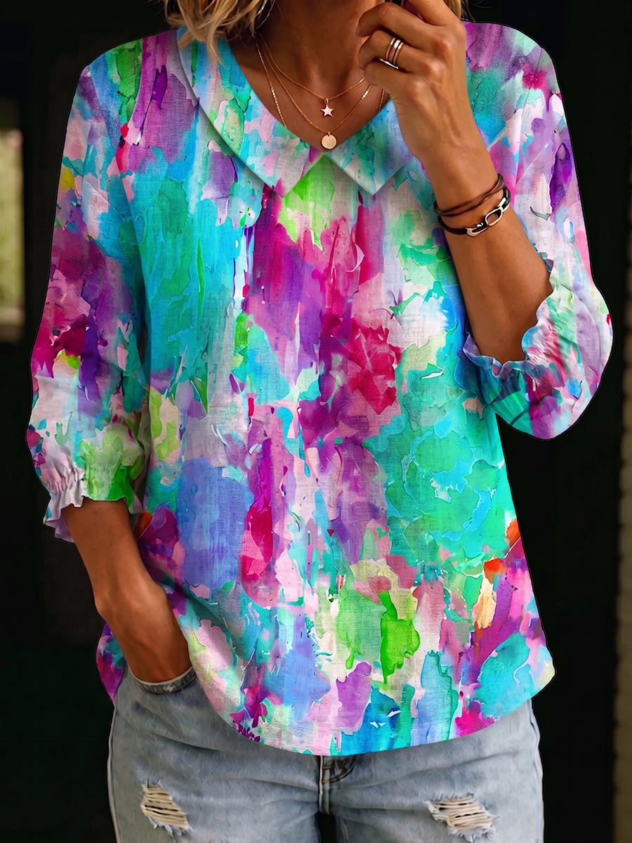 Artistic Watercolor Palette Print Peter Pan Collar Cotton-Linen Blouse