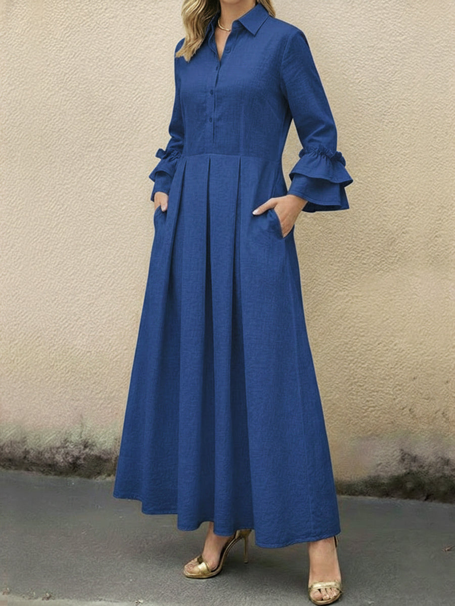 Women's Ruffled Sleeve Linen And Cotton Long Dress