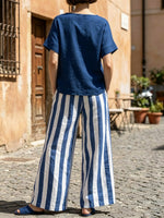 Women's Striped Art Comfortable Casual Top And Pants Cotton Linen Two-piece Set
