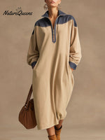 Women's Color-blocked Stand Collar Long Sleeve Casual Loose Cotton Dress