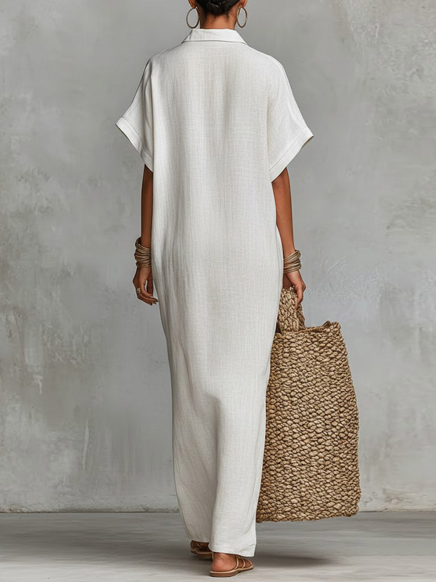 Women's Solid Color Collared Short-sleeved Casual Loose Linen Dress