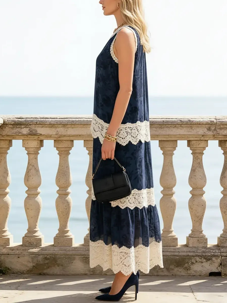 Women's Retro Floral Patchwork No Sleeve Art Casual Stylish Dress
